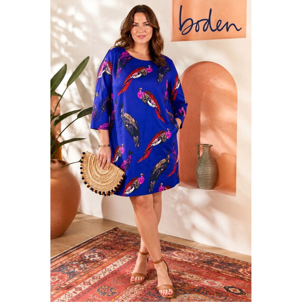 Boden Blue Peacock Bird Print 3/4 Sleeve Shift Dress Size 12
